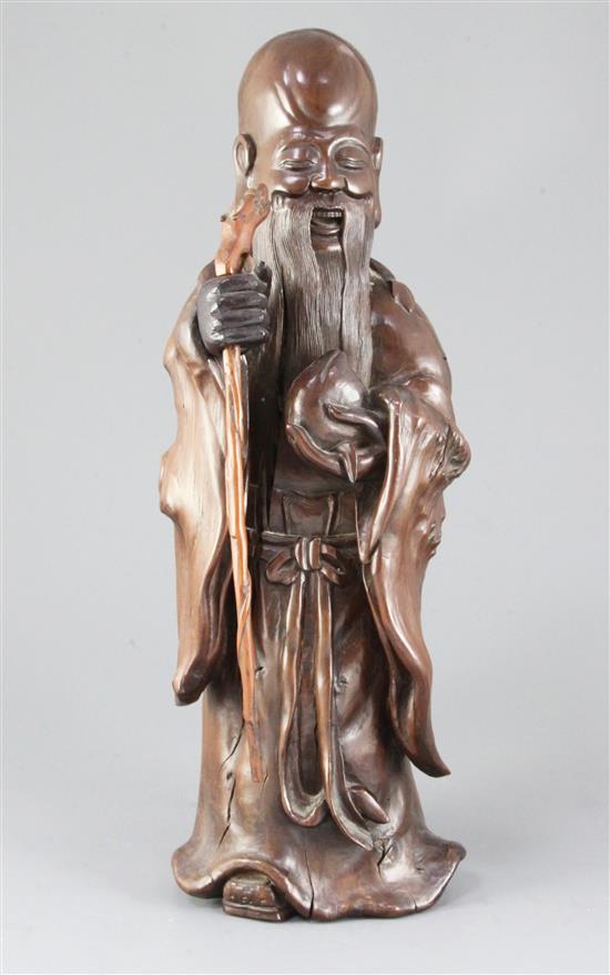 A large Chinese hardwood standing figure of Shou Lao, 18th / 19th century, height 41cm